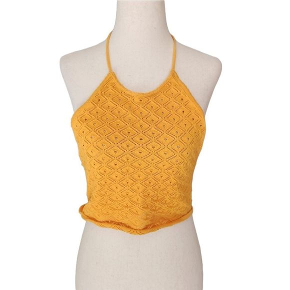 Glamorous Tops - Glamorous Mustard Yellow Knot crochet Festival Halter Crop Top Medium